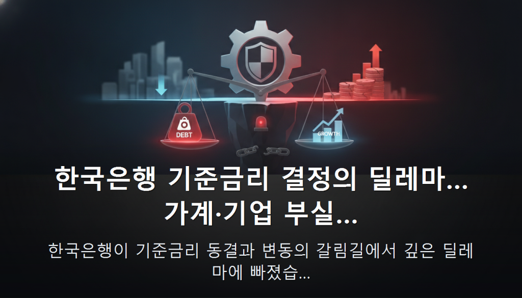 한국은행 기준금리 결정의 딜레마… 가계·기업 부실… — 한국은행이 기준금리 동결과 변동의 갈림길에서 깊은 딜레마에 빠졌습…